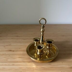 Vintage Solid Brass Three Candle Holder with Carrying Handle